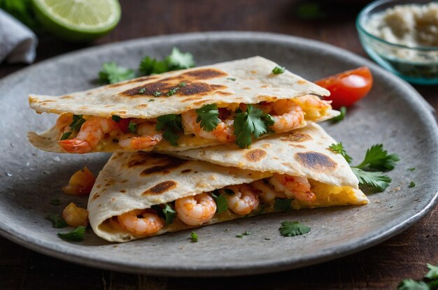 Photo quesadilla with gooey cheese grilled shrimp and cilantro