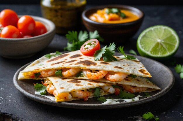 Photo quesadilla with gooey cheese grilled shrimp and cilantro