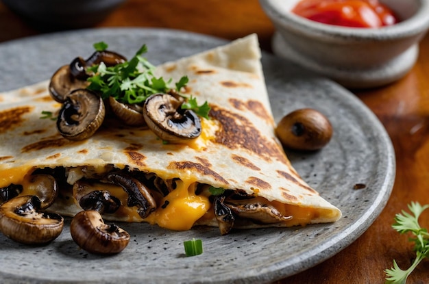 Photo quesadilla with melted cheddar and sautaced mushrooms