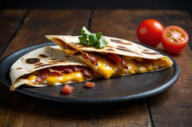 Photo quesadilla with melted cheese bacon and crispy edges