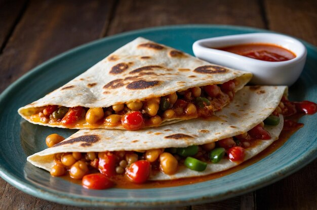 Quesadilla with melted cheese beans and a touch of hot salsa