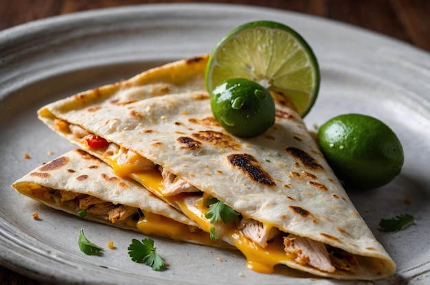 Photo quesadilla with melted cheese chicken and a side of salsa