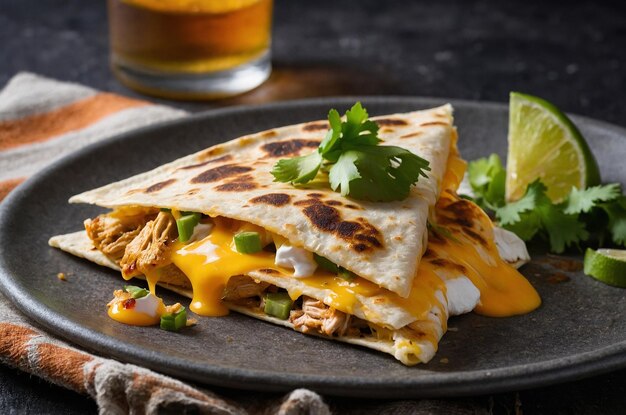 Photo quesadilla with melted cheese chicken and a side of salsa