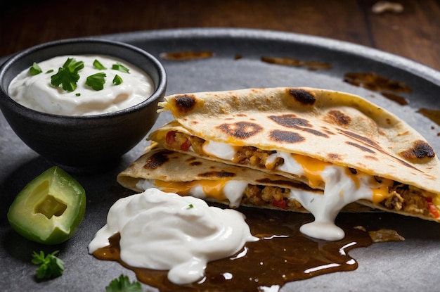 Quesadilla with melted cheese shrimp and a side of salsa