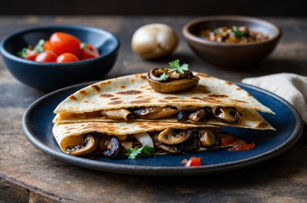 Photo quesadilla with sautaced mushrooms onions and swiss