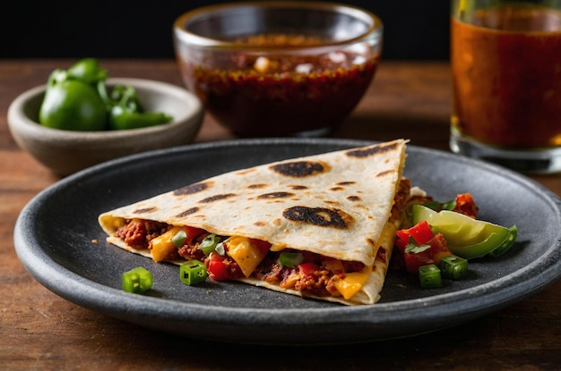 Photo quesadilla with spicy chorizo cheese and hot sauce