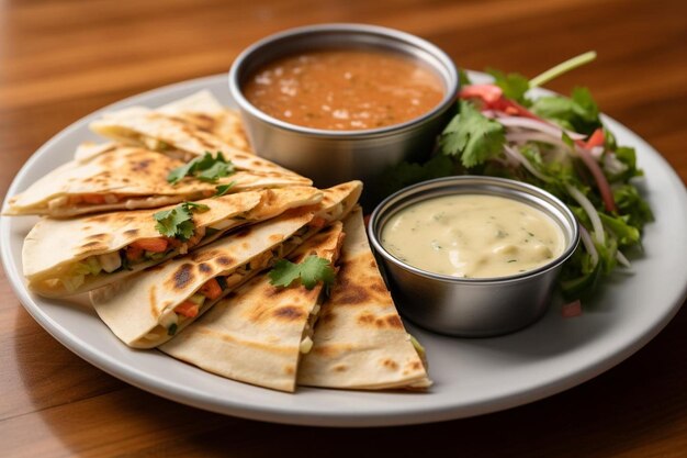 Quesadillas served with a side of creamy cilantrolime