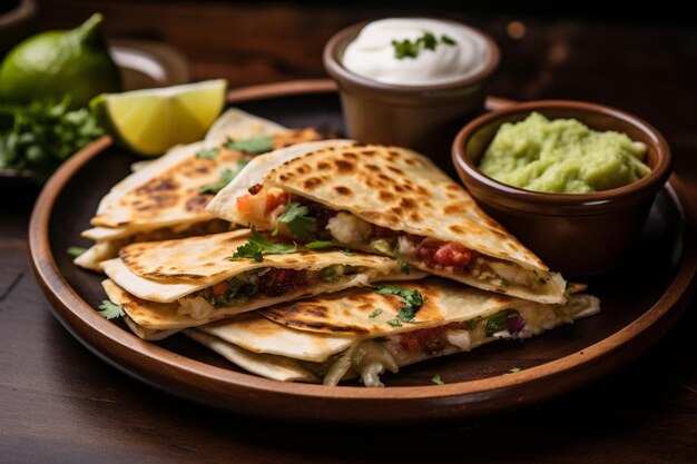 Quesadillas topped with sliced avocado and black olives