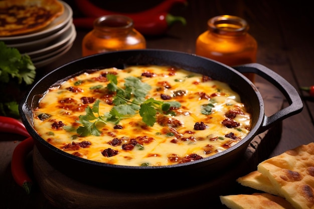 Queso fundido with melted cheese and chorizo served with tortillas