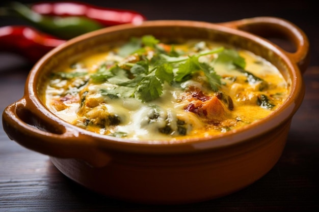 Queso fundido with roasted poblano peppers Traditional Mexican molletes photography