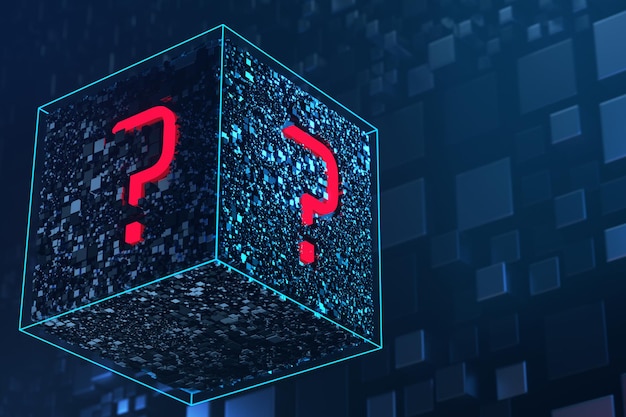 Question mark on an abstract hitech cube The concept of solving the issue FAQ 3d render