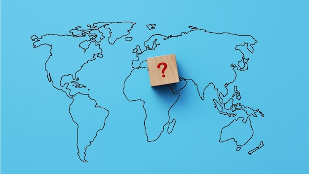 Question mark on the background of the world map. Doubts about the political issue