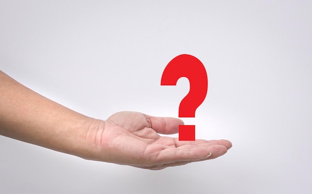 Question mark concept with open hand on white background