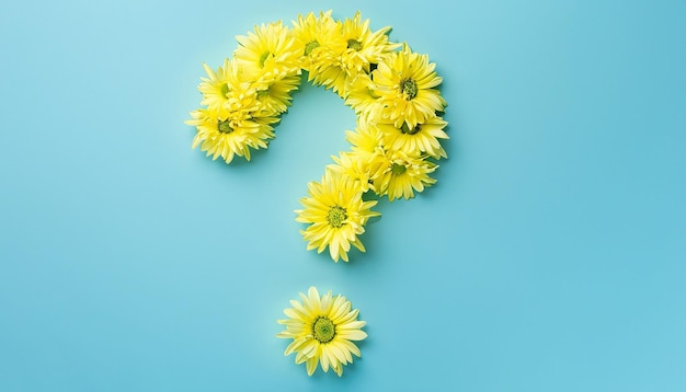 Question mark made from dandelion flowers on Flat lay on pastel blue background Springtime