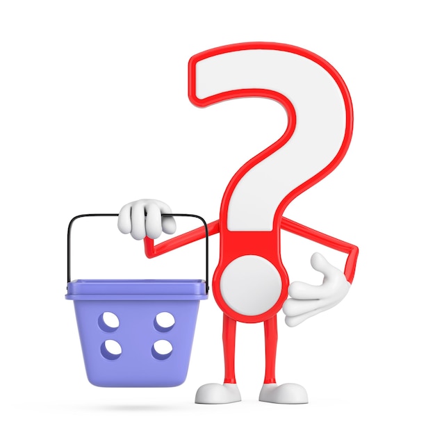 Question Mark Sign Cartoon Character Person Mascot with Cartoon Shopping Basket 3d Rendering