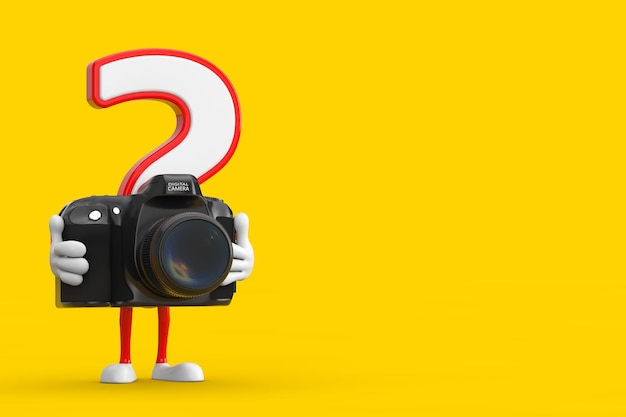 Question Mark Sign Cartoon Character Person Mascot with Modern Digital Photo Camera 3d Rendering