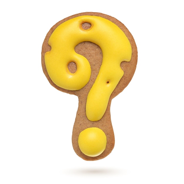 Question mark yellow homemade gingerbread biscuit isolated on white background