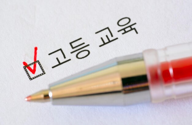 Questionnaire Red pen and the inscription HIGHER EDUCATION with check mark on the white paper