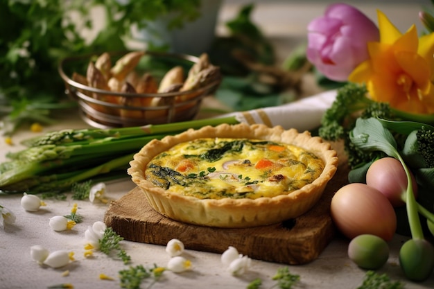 A quiche sits on a table with a basket of vegetables and a basket of eggs.