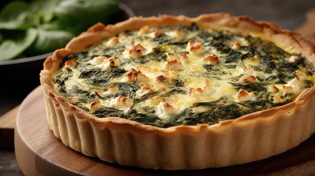 A quiche with spinach on top