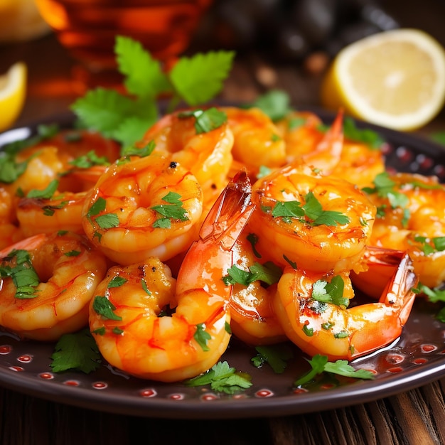 Quick and healthy Asian meal made of fried rice fresh shrimps lime and vegetables in a black bowl