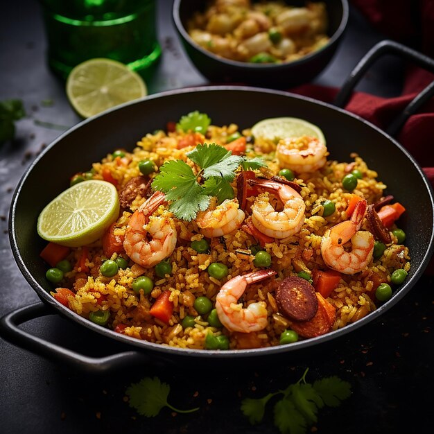 Quick and healthy Asian meal made of fried rice fresh shrimps lime and vegetables in a black bowl