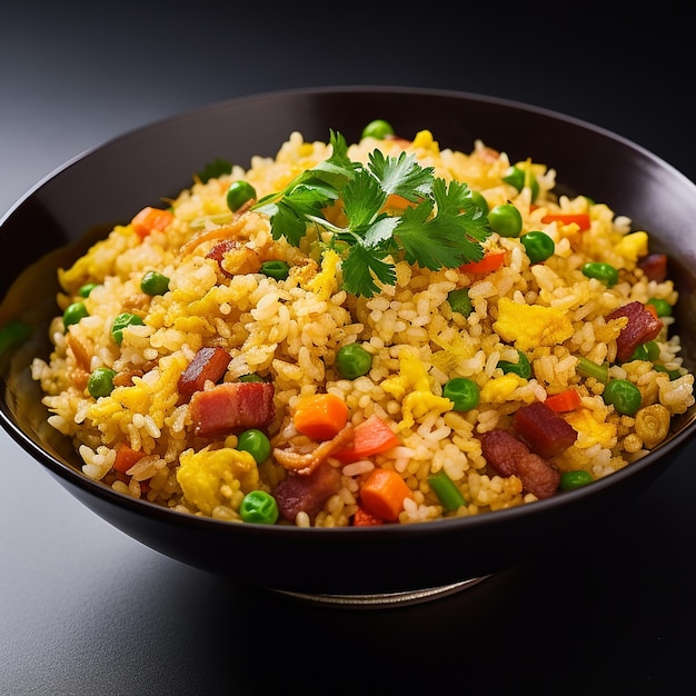 Quick and healthy Asian meal made of fried rice fresh shrimps lime and vegetables in a black bowl