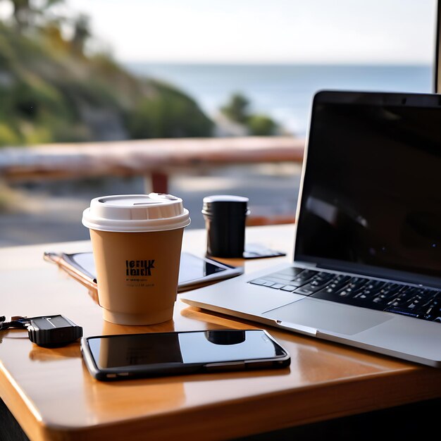 Photo quickfix kit beside a coffee cup and a travel laptop for a workonthego scene