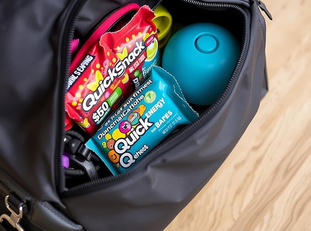 QuickSnack Energy Bars in Sleek Gym Bag with Fitness Accessories