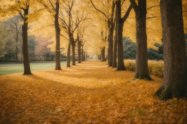 A quiet afternoon in the middle of very lush maple trees in autumn with the leaves of the trees already turning yellow feels very serene and calm