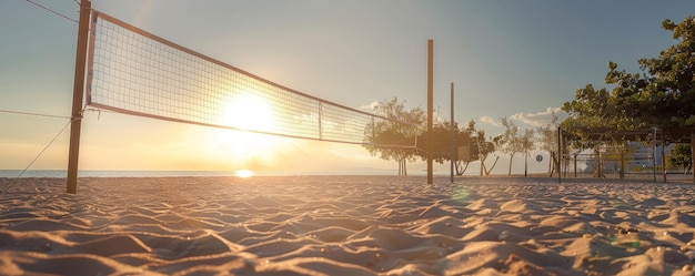 Photo a quiet beach volleyball court early in the morning with the sand freshly raked and the net set up