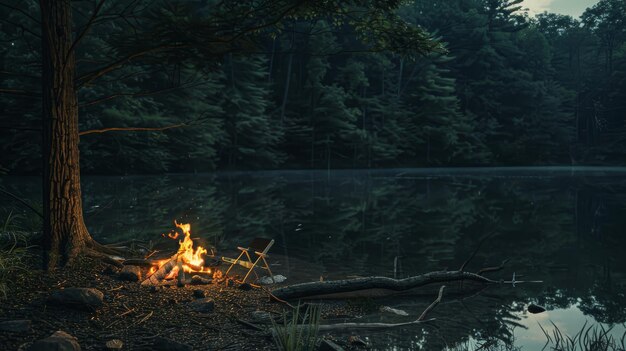 Photo a quiet campfire next to a still forest lake under the darkening sky capturing the essence of solitude and natures embrace