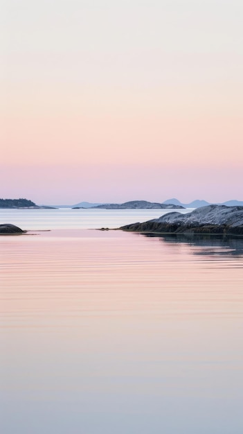 Quiet coastal inlet with calm waters reflecting the colors of dawn with background copyspace