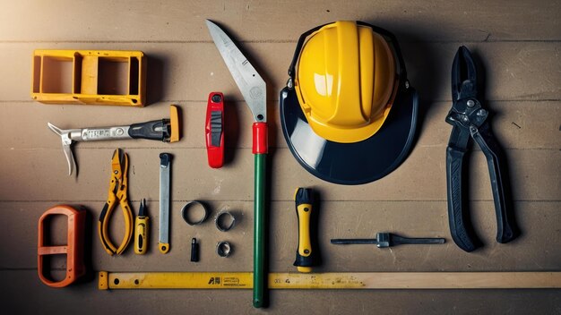 Quiet construction site with neatly organized tools and a yellow bucket