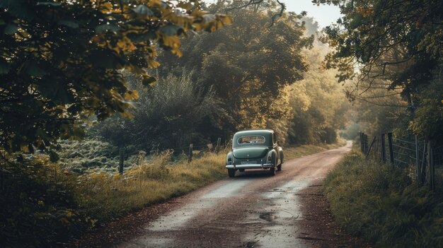 Photo a quiet country road with a vintage car