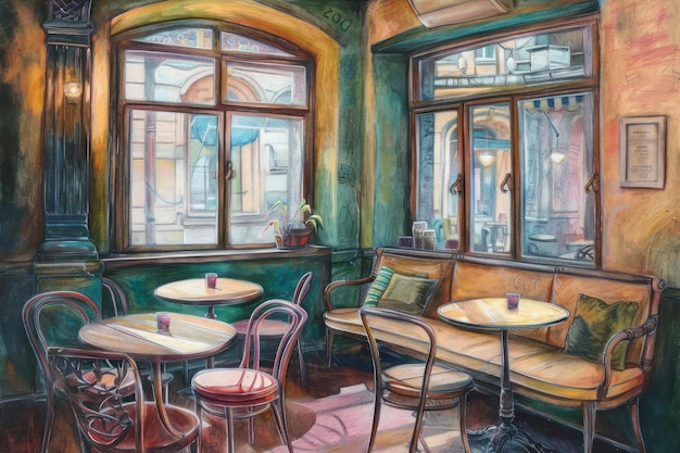 Photo a quiet cozy corner of a cafe with furniture and details rendered in pastel chalks