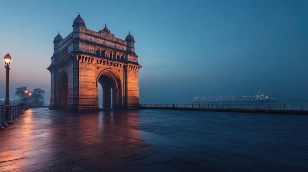 A quiet early morning at the Gateway of India with the structure standing tall against the blue sky