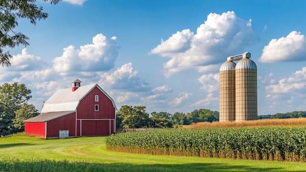 A quiet farm with a red barn and silos in the rural Midwest No people copy space