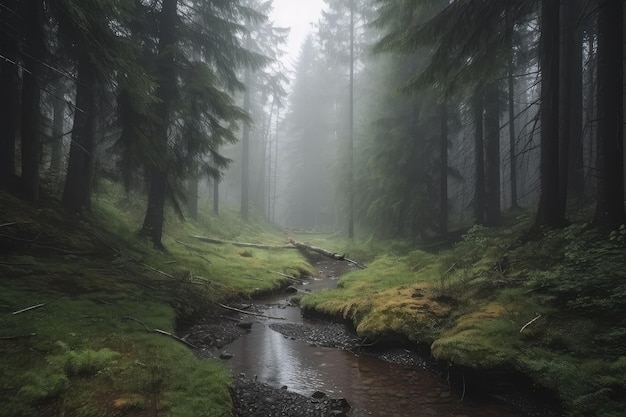 Quiet forest with spruce trees and stream enveloped by misty atmosphere