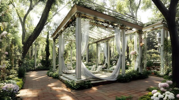 Photo a quiet garden nook with pastel blooms greenery and soft sunlight filtering through