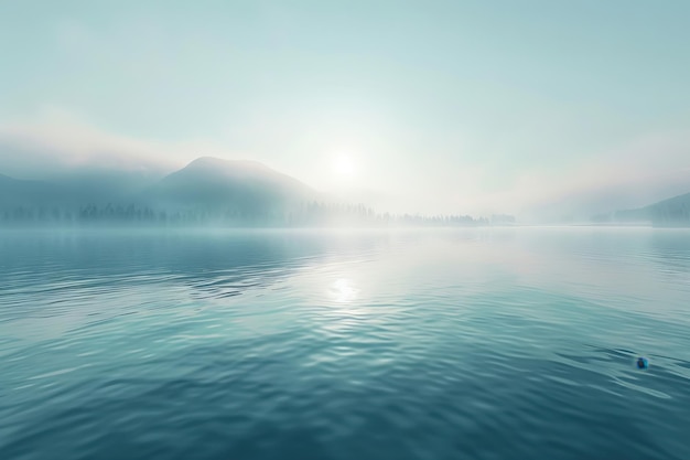 Photo a quiet lake at dawn with mist over the water creating a tranquil and spacious backdrop for serene summer themes