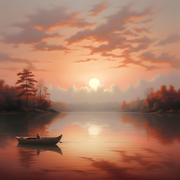 A quiet landscape painting with a boat the sun rising in the east and clouds