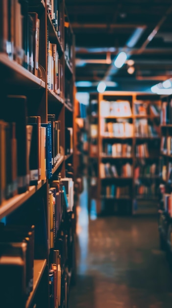 Quiet library with rows of books bathed in soft diffused light with copyspace