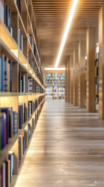 Quiet library with rows of books bathed in soft diffused light with copyspace