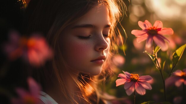 Photo a quiet moment in nature as a young girl stands amidst blooming flowers at sunset basking i