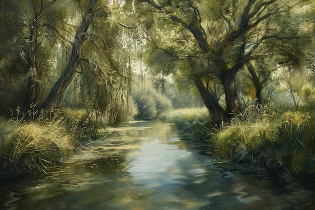 Quiet riverbank under willows ar generative ai