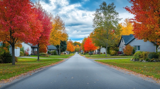 A quiet street in a small Canadian town with colorful autumn trees No people copy space