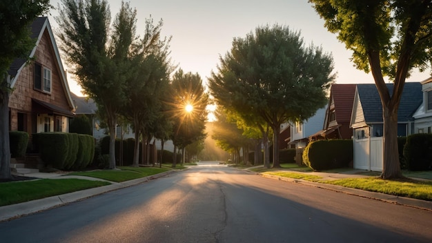 Photo quiet suburban street at dawn with soft light filtering through trees and illuminating the path