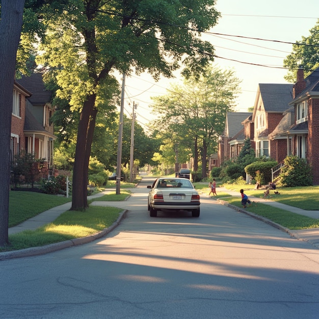 A quiet suburban street lined with houses with a car driving down the middle of the street and two children playing on the grass in the front yard