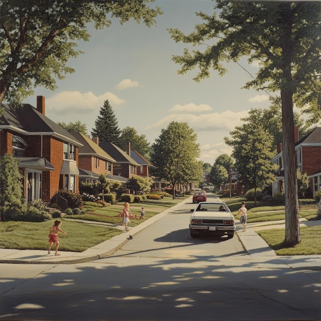 A quiet suburban street with children playing and a car driving by surrounded by houses trees and a clear blue sky